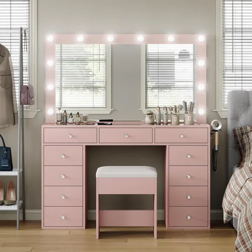 Miniatura 13 de Escritorio negro con espejo iluminado y toma de corriente, mesa de tocador de 11 cajones con silla, tocador de maquillaje con 11 bombillas