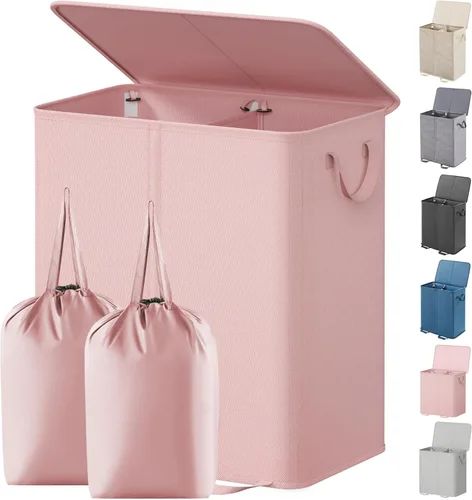 Miniatura 19 de Lifewit Cesta de lavandería doble con tapa y bolsas de lavandería extraíbles, gran plegable, 2 divisores, cesta de ropa sucia con asas para Negro