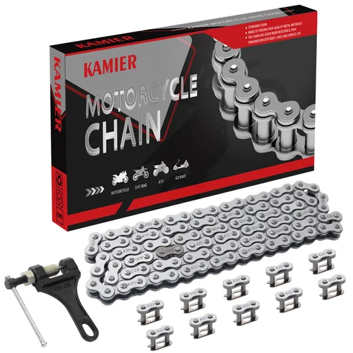 Miniatura 10 de KAMIER Cadena de transmisión 420 de 102 eslabones color dorado con herramienta de rotura de cadena para CRF50F XR50R KX65 KLX110 TTR110 50cc 70cc