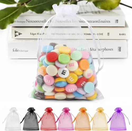 ANZNKU Paquete de 50 bolsas de organza de 5 x 7 pulgadas, pequeñas bolsas de regalo de malla blanca con cordón a granel para recuerdos de fiesta de