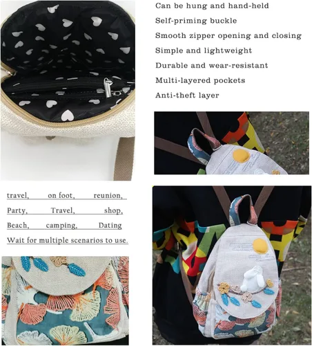 Miniatura 23 de HUANGGUOSHU Mochila de algodón tejida de algodón bohemio con bordado de lona estilo bohemio con múltiples bolsillos retro linda mochila cartera