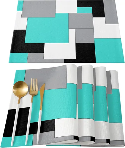 Miniatura 16 de Juego de 4 manteles individuales negros y amarillos, antideslizantes, lavables, manteles individuales de mesa de retazos de arte abstracto para mesa