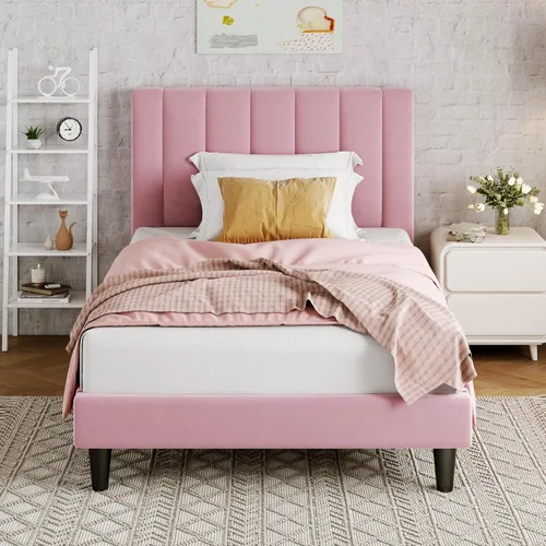 Miniatura 21 de Allewie - Base de cama tamaño King con cabecera acolchada tapizada en terciopelo y diseño acanalado vertical; plataforma de cama con resistentes