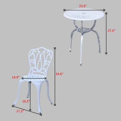 Miniatura 2 de KAILI Juego de 3 muebles de patio de aluminio fundido para patio, jardín al aire libre, mesas y sillas a prueba de óxido, juego de bisrto blanco