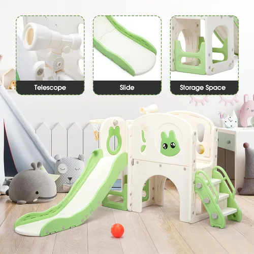 Miniatura 7 de Jaxpety Juego de tobogán y escalador 8 en 1 para niños pequeños, parque infantil con escaleras, túnel, telescopio, almacenamiento, aro de baloncesto