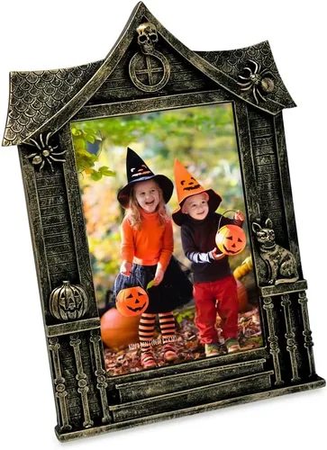 Isaac Jacobs Marco de fotos de Halloween con forma de casa encantada de 4 x 6, para mesa de fotos y montaje en pared, decoración del hogar de Negro