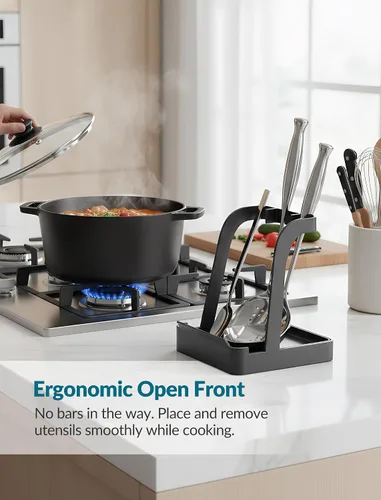 Miniatura 5 de NiHome Soporte para tapa de olla grande y soporte para cuchara con bandeja de goteo extraíble, organizador de encimera de cocina de hierro negro