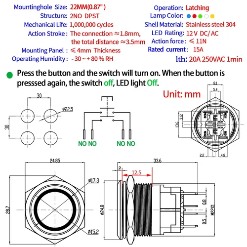 Miniatura 2 de Interruptor de botón de cierre de 15 amperios, 22 mm, 12 V CC, DPST, luz LED ojo de ángel, acero inoxidable 304, impermeable IP67 con enchufe