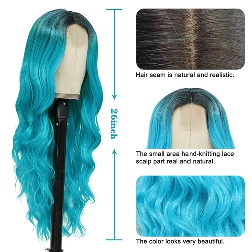 Miniatura 4 de NAYOO Peluca larga ondulada de color verde azulado degradado para mujer, 26 pulgadas, parte media, rizada, ondulada, de aspecto natural, fibra