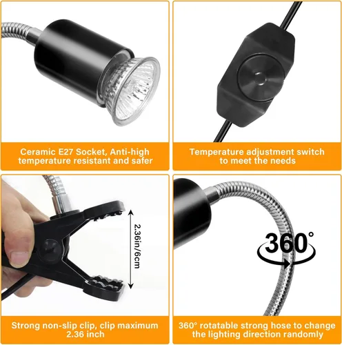 Miniatura 4 de Lámpara de calor para reptiles con 2 bombillas UVA UVB de 50 W, luz giratoria de 360°, luz solar simulada, lámpara de calefacción regulable