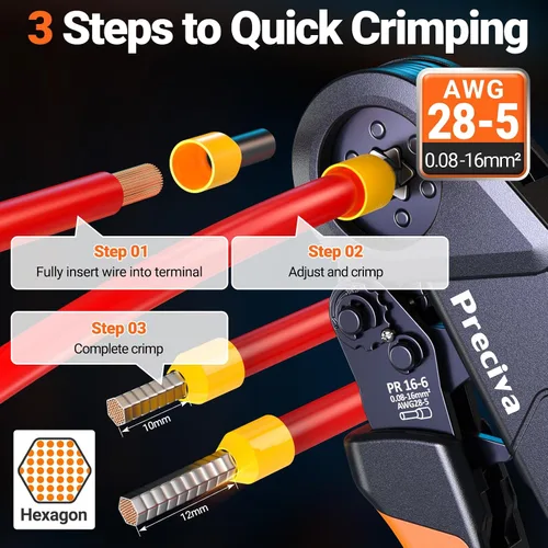 Miniatura 2 de Preciva Kit de herramientas de prensado de virola con pelacables, crimpadora hexagonal AWG 28-5 (0.08-16mm²) Terminales de virola de trinquete