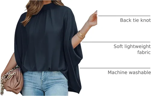 Miniatura 129 de BTFBM Blusas de verano para mujer, cuello alto falso, manga murciélago, holgadas, dobladillo alto y bajo, blusas informales de gran