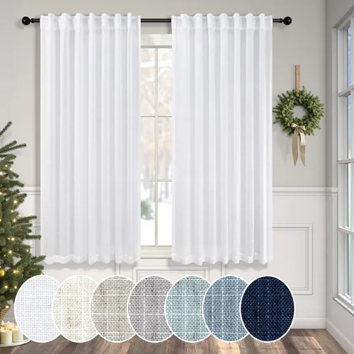 Miniatura 94 de Cortinas de lino azul de 84 pulgadas de largo para sala de estar; juego de 2 paneles con lengüeta trasera; cortinas con dobladillo para barra; Azul