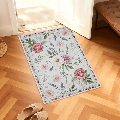 Miniatura 4 de Alfombra de entrada lavable de 2 x 3 pulgadas, alfombra pequeña para entrada, cocina, baño, antideslizante, estampado floral, alfombra de entrada