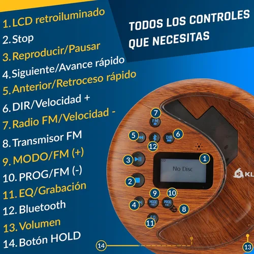 Miniatura 5 de KLIM Discover Wood + Reproductor de CD portátil Walkman con batería de larga duración + Nuevo + con auriculares + Radio FM + Reproductor de CD MP3