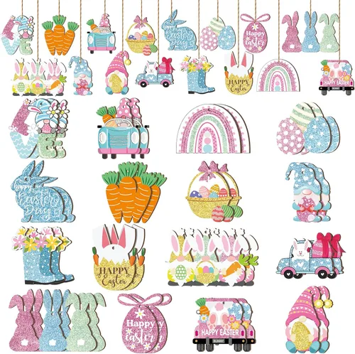 Kathfly 32 piezas de adornos de Pascua para árbol pequeño de madera, decoraciones de Pascua feliz, huevos de conejo, adornos colgantes de gnomo,