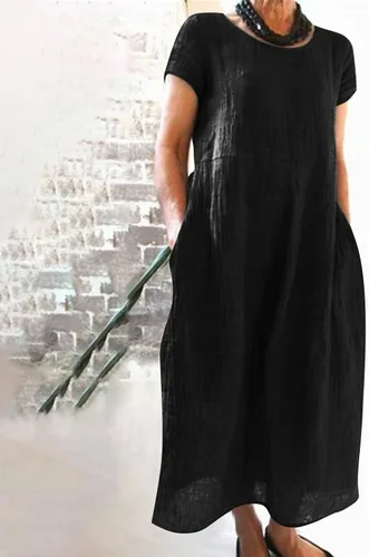 Miniatura 3 de Vestido casual de verano para mujer, de manga corta, cuello redondo, con bolsillos, holgado, de algodón y lino