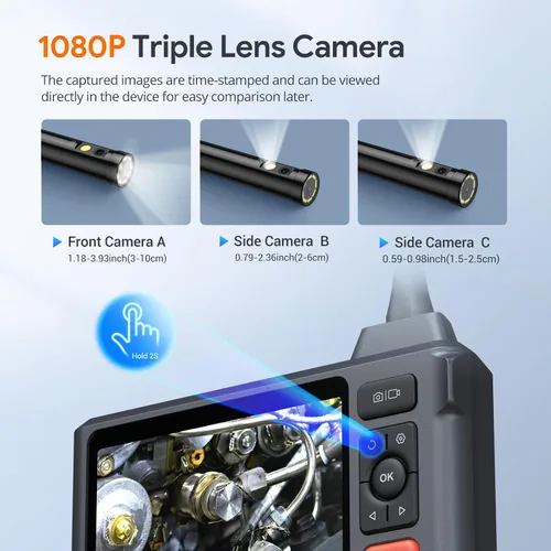 Miniatura 2 de Herramienta de boroscopio de triple lente, cámara endoscopio DEPSTECH con pantalla IPS de 5 pulgadas y luces, cámara de inspección de alcantarillado