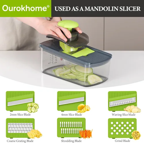 Miniatura 2 de Ourokhome Cortador de mandolina con espiralizador de mano, trituradora de verduras segura para manos con 6 cuchillas de mandolina, cortador de Verde