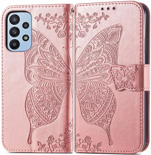 Funda para Samsung Galaxy A23, Samsung A23 4G/5G, piel sintética de alta calidad con diseño de flor de mariposa en relieve, función atril, ranuras