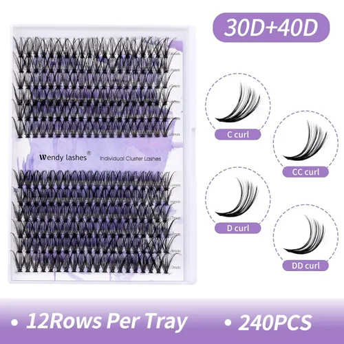 Miniatura 4 de Extensiones de pestañas individuales en racimo 30D/40D, pestañas naturales mixtas, rizado C/D, 0.07 mm, negro mate, suaves, 16-20 mm, para colocar