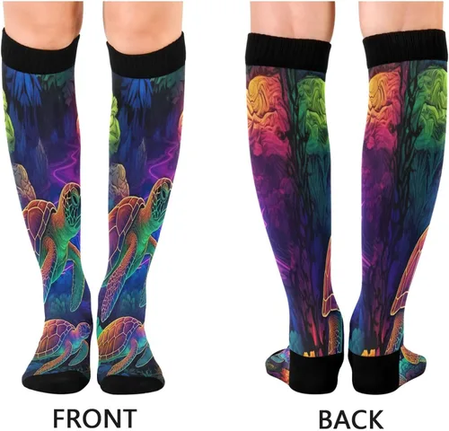 Miniatura 2 de xigua Misteriosos calcetines de compresión de tortuga pintada para mujeres y hombres, medias altas de circulación hasta la rodilla para correr