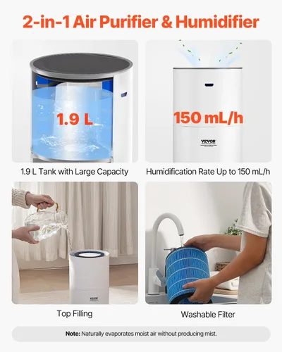 Miniatura 6 de VEVOR Purificador de aire 2 en 1 con humidificador, cubre hasta 1090 pies cuadrados en una hora, filtro True HEPA 11, silencioso de 22dB, filtra