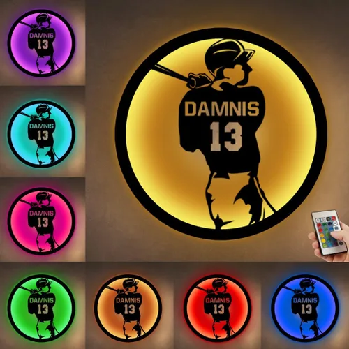 Miniatura 10 de Letrero de metal personalizado para jugador de béisbol con luz LED, nombre y número personalizado, arte de pared de béisbol, letrero de neón