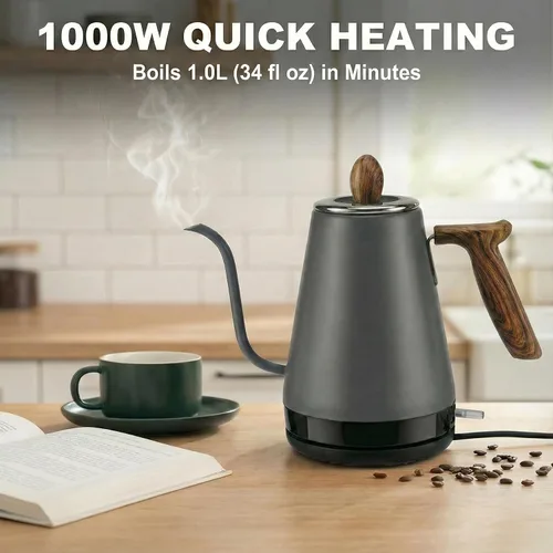 Miniatura 4 de Hervidor eléctrico de cuello de cisne, 34 onzas, 1 litro, para café y té, tapa interior de acero inoxidable de 1000 W, caldera de agua caliente