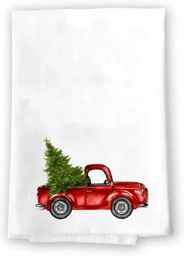 Plato decorativo de cocina y toallas de mano de baño | Lindo camión rojo rústico colorido con árbol de Navidad verde | Toalla de té blanca