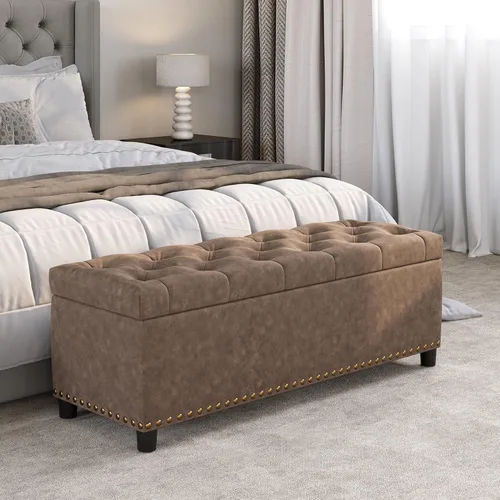 Miniatura 13 de BELLEZE Otomana de almacenamiento, otomana copetuda con bisagra de cierre, reposapiés para sala de estar (beige, 31 pulgadas)