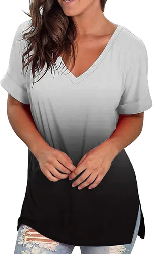 Miniatura 2 de Blusa de talla grande para mujer, talla grande, para uso diario, verano, primavera, verano, casual, estampado degradado, manga corta, V