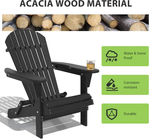 Miniatura 4 de Folding Adirondack Chair,Ergonomic Patio Wood Chairs with Wide Armrest,350LBS Weather Resistance Lawn Chair for Poolside,Outdoor Garden Lounge Black