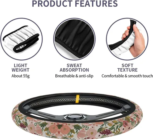 Miniatura 5 de Funda para volante de automóvil con flores burdeos para mujeres y hombres, protector antideslizante para volante, universal de 14 a 15 pulgadas