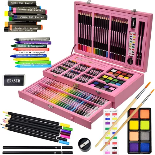 Sunnyglade Juego de arte de lujo de 145 piezas, caja de arte de madera y kit de dibujo con crayones, pasteles al óleo, lápices de colores, pastillas