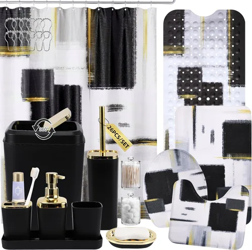 Miniatura 9 de XLHOMO Juego de baño – Juego de accesorios de baño negro, juegos de baño con cortina de ducha y alfombras, juego de cortina de ducha negra