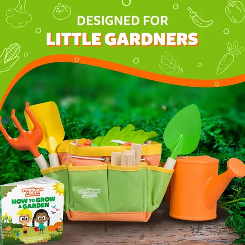 Miniatura 2 de Juego de jardinería para niños – El kit de jardinería para niños pequeños incluye regadera para niños, pala, rastrillo, estacas para plantas, Naranja