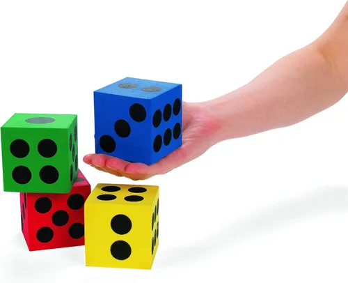 Fun Express Dados de espuma Jumbo para jugar en varios colores primarios, juegos para exteriores/interiores, suministros para el aula