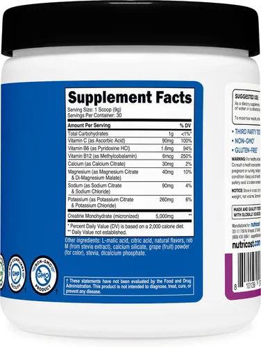 Miniatura 5 de Nutricost Monohidrato de creatina + hidratación con sabor a uva (30 porciones) - 7 vitaminas y minerales, 5000 mg de creatina por porción