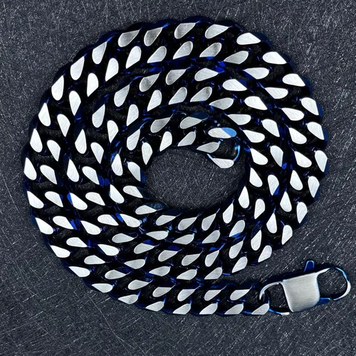 Miniatura 60 de YAMI Cadena de eslabones cubanos para hombre, azul/negro/oro de 14 quilates, acero inoxidable de 0.394-0.472 in de grosor, collar de cadena