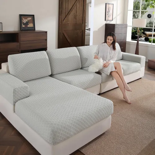 Miniatura 10 de OHSIO Funda para sofá, funda elástica para sofá, funda de cojín de asiento suave, lavable, funda de sofá modular en forma de L, resistente al Gris