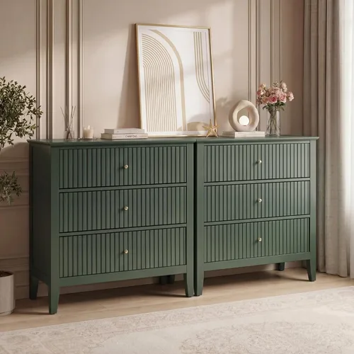Miniatura 21 de RoyalCraft Cómoda Acanalada Beige de 3 Cajones, Cómoda de 32 Pulgadas de Ancho Mesita de Noche para Dormitorio, Cofre de Cajones de Madera Moderno