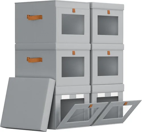 Miniatura 11 de Homsorout Contenedores de almacenamiento con tapa, organizador de armario con apertura lateral y ventana transparente, cesta plegable de tela Beige