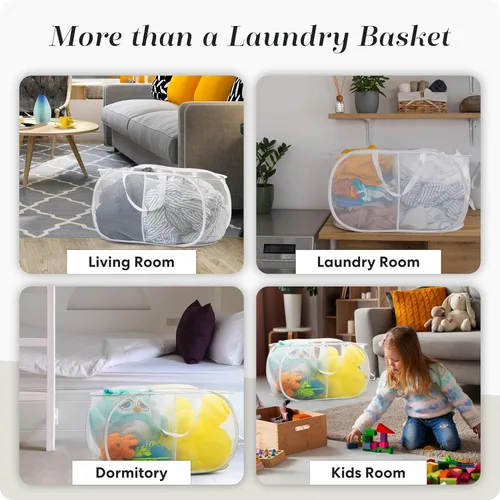 Miniatura 9 de Handy Laundry Cesta plegable de malla con 2 compartimentos, plegable, ahorra espacio, ligera y duradera, con asas para dormitorio, viajes