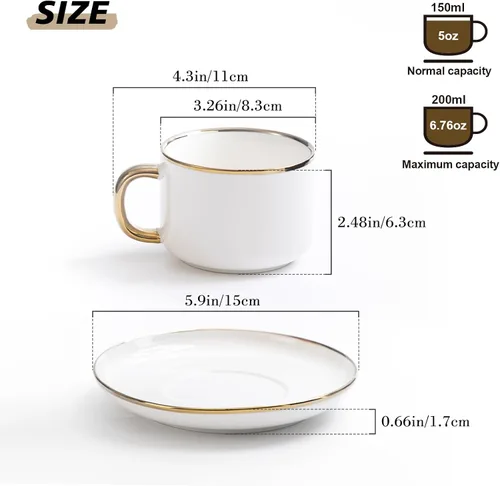 Miniatura 4 de Agyiuns Tazas de té y platillos con borde dorado, juego de té de porcelana blanca de 6.76 onzas y tazas de café para latte, café moca, juego de té