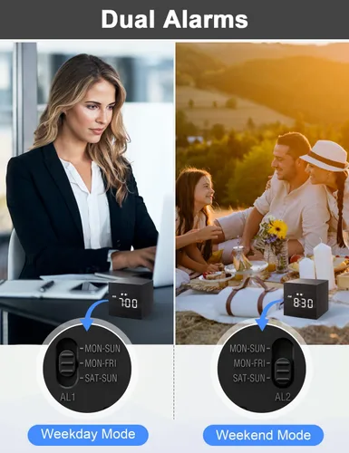 Miniatura 4 de JALL Reloj Despertador Digital, con Pantalla de Tiempo LED Electrónica de Madera, Alarma Dual, Relojes Eléctricos Pequeños Mini Cúbicos de Madera