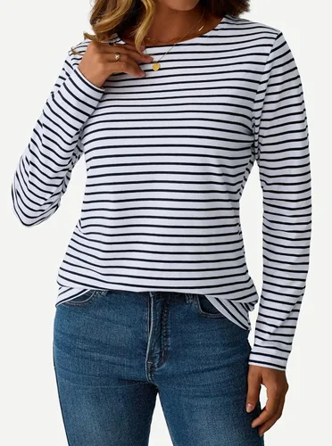 Miniatura 2 de LilyCoco Camisa de manga larga a rayas para mujer, cuello barco, camiseta de ajuste holgado Breton