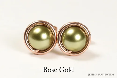 Miniatura 3 de Jessica Luu Jewelry Pendientes de perlas de oro verde oliva 0.236-0.394 in hechos a mano