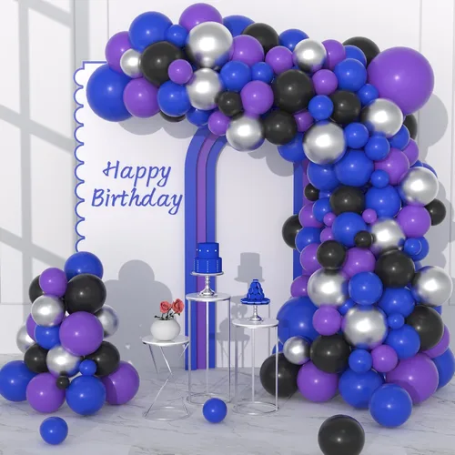Kit de arco de guirnalda de globos azules, morados y negros, 122 globos morados, azul rey y negro, globos metálicos plateados para videojuegos,