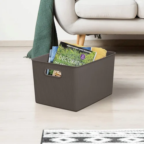 Miniatura 3 de Superio Ribbed Collection – Cesta decorativa de plástico con tapa para el hogar, tamaño XL, color marrón (paquete de 1 – 22 litros), caja apilable